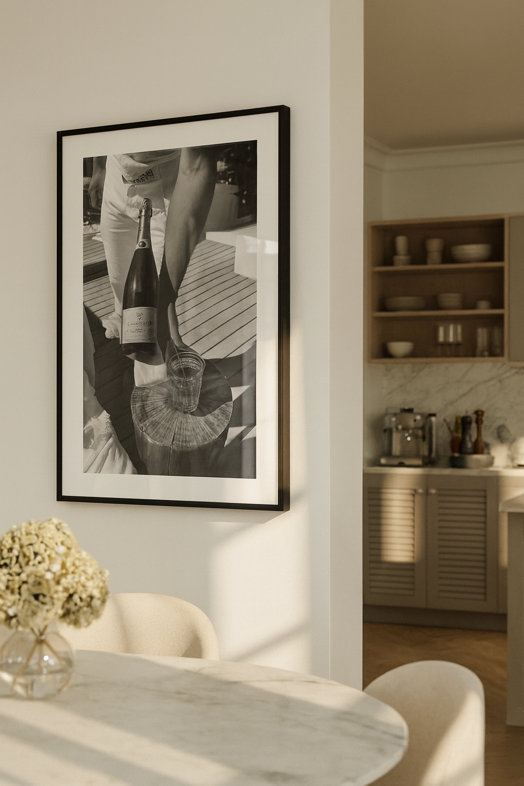 Framed black and white photo of a person with a bottle on a wall in a modern kitchen.